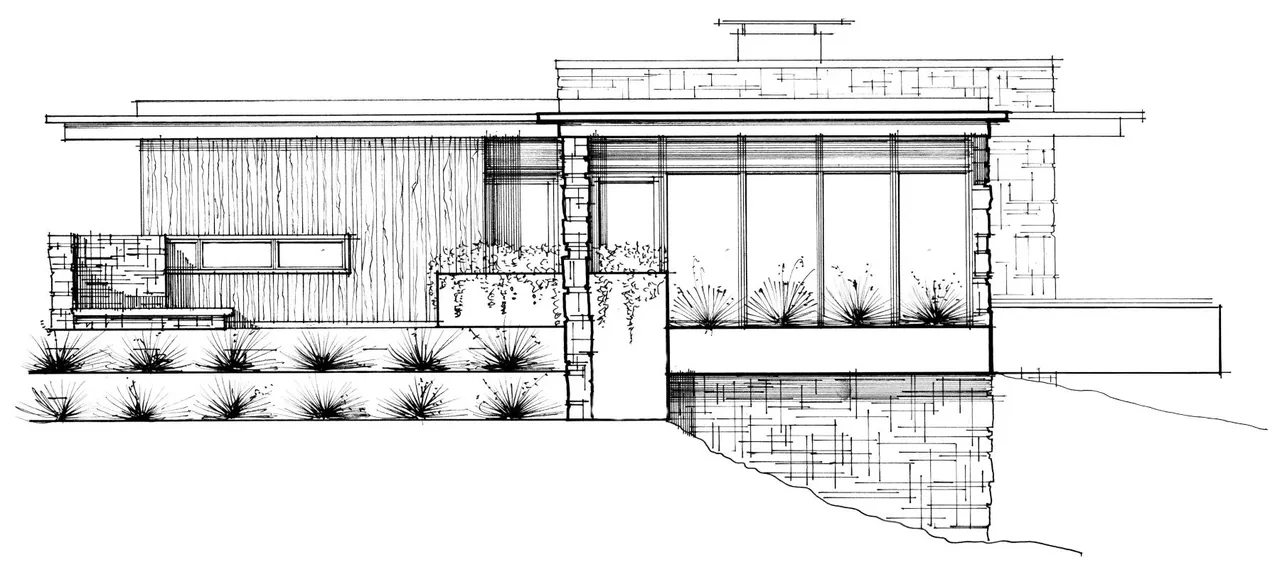 Black and white elevation drawing of the Boulder Mountain Residence showing a flat roof, wood siding, and stone base with large windows.