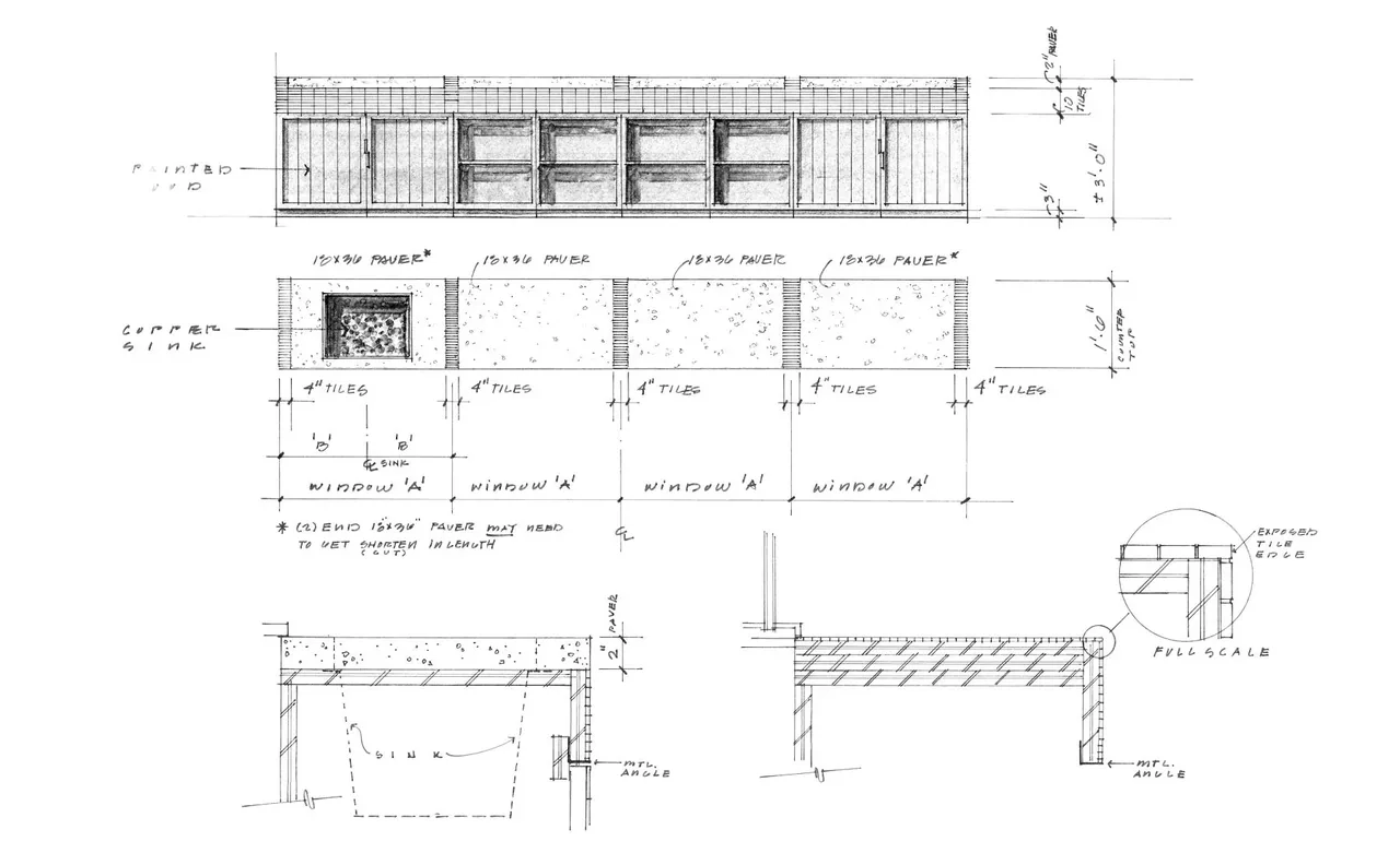 Detailed architectural drawing showing countertop layout, sink placement, and window elevations for the Boulder Mountain Residence.