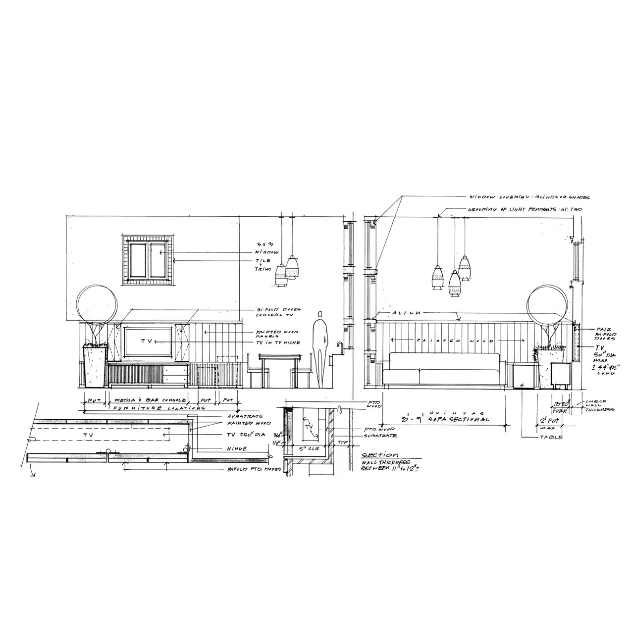 Section drawings detail living room elevations with furniture and pendant lighting placement.