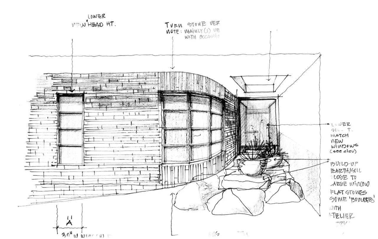 Architectural sketch of a building exterior with brick walls, multi-pane windows, and a stone planter area beneath a skylight.