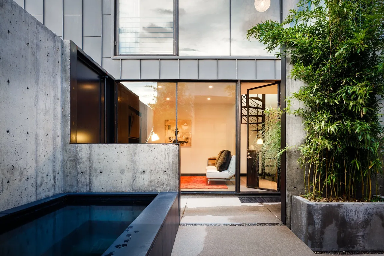 Private courtyard with black pool and concrete walls adjacent to an interior living room with a black metal-framed door and glass window.