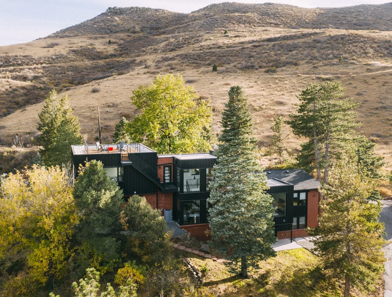 Modern two-story home set on a hillside with black siding, red brick, and large trees providing shade.