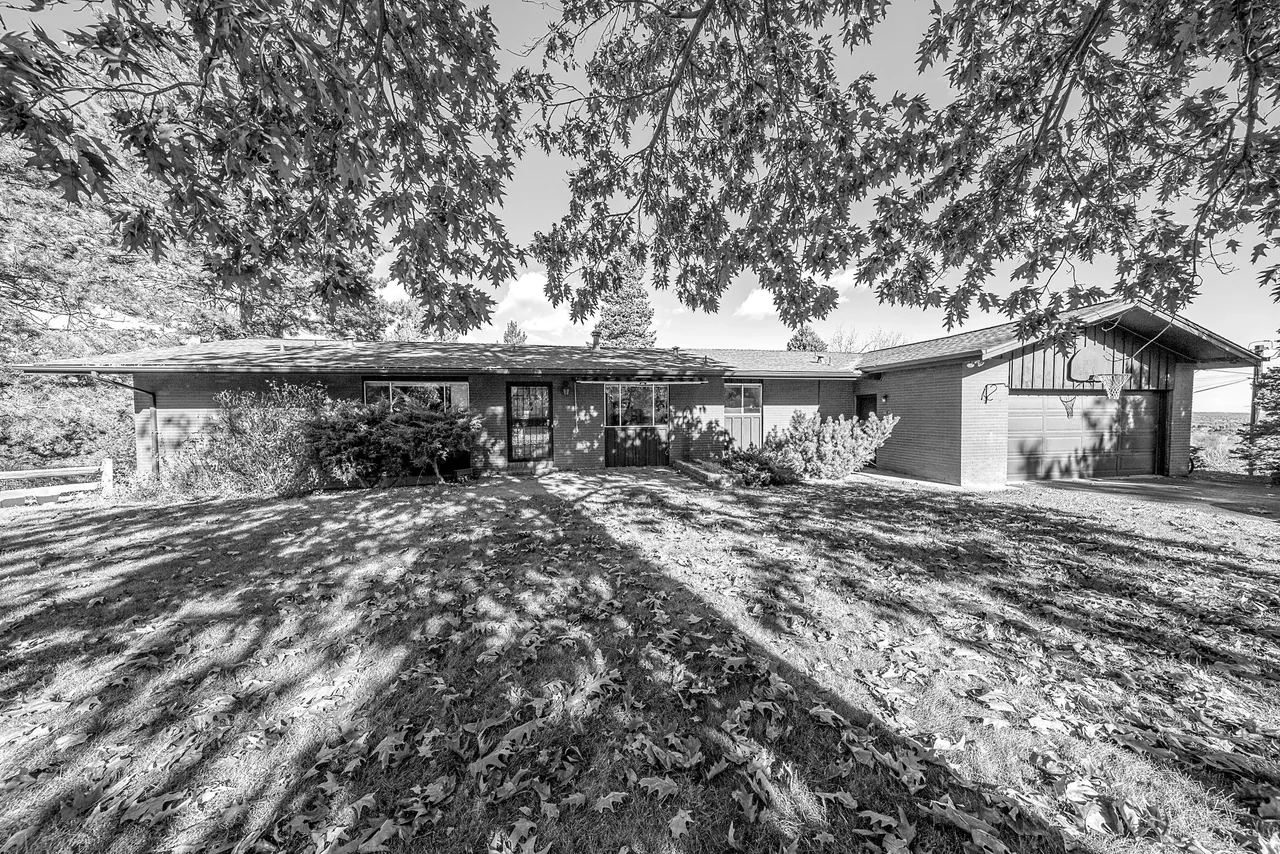 Single-story residence with gable roof and brick exterior, set amidst trees with leafy shadows in the yard.