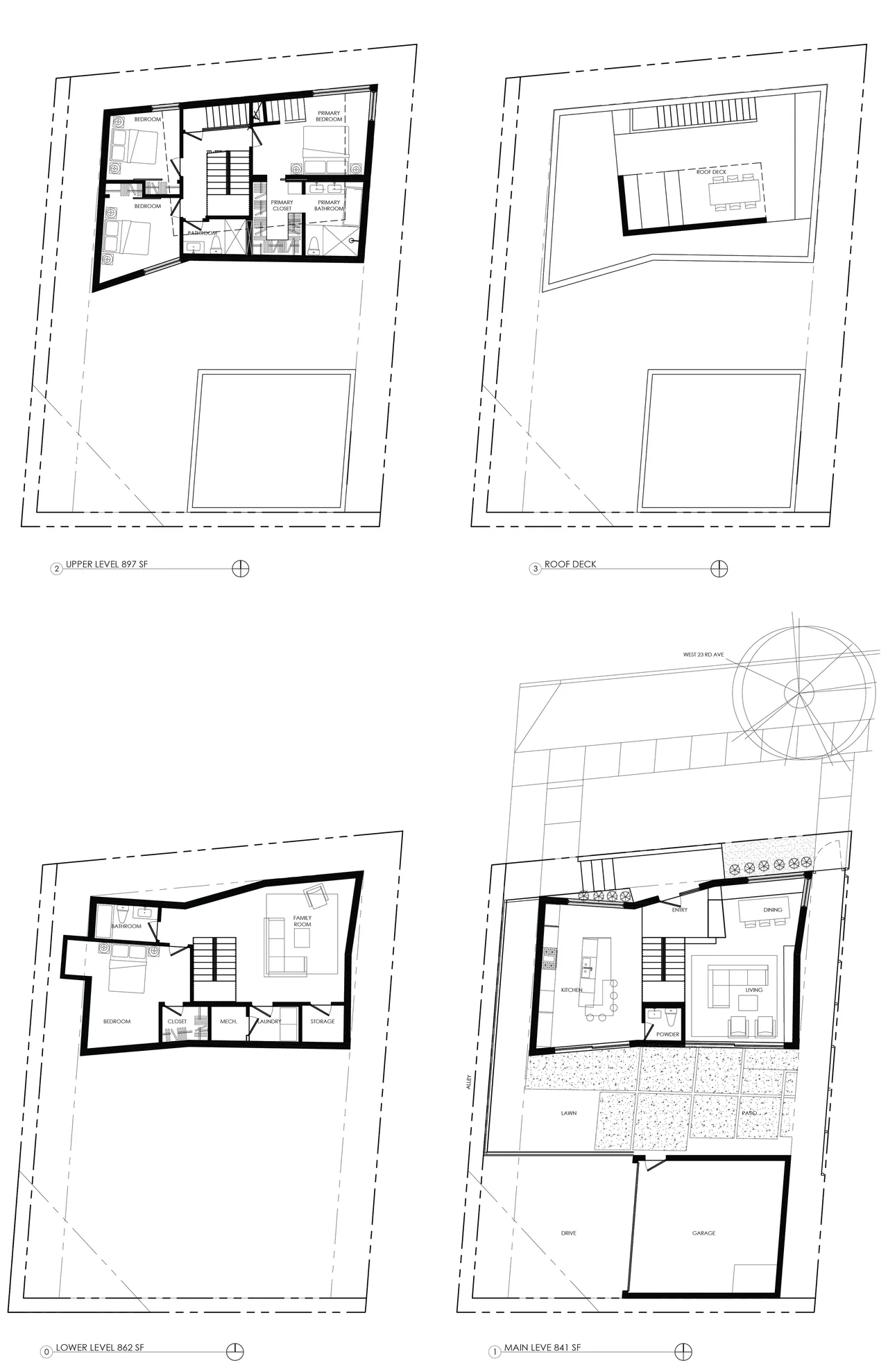 Detailed floor plans showing layout of bedrooms, family room, kitchen, dining, living areas, and roof deck.