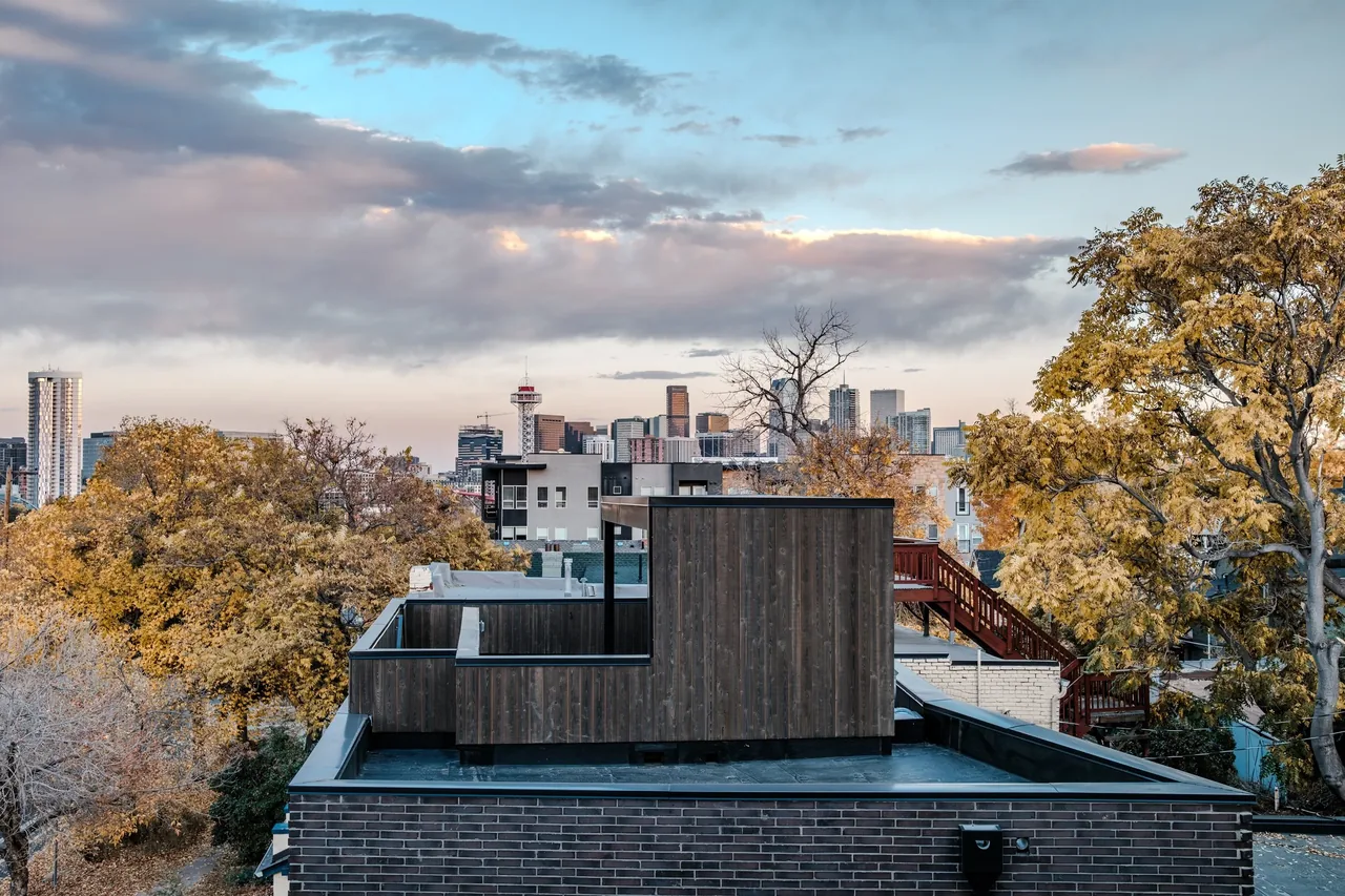 Modern rooftop with dark vertical wood cladding and cityscape background amid fall foliage.