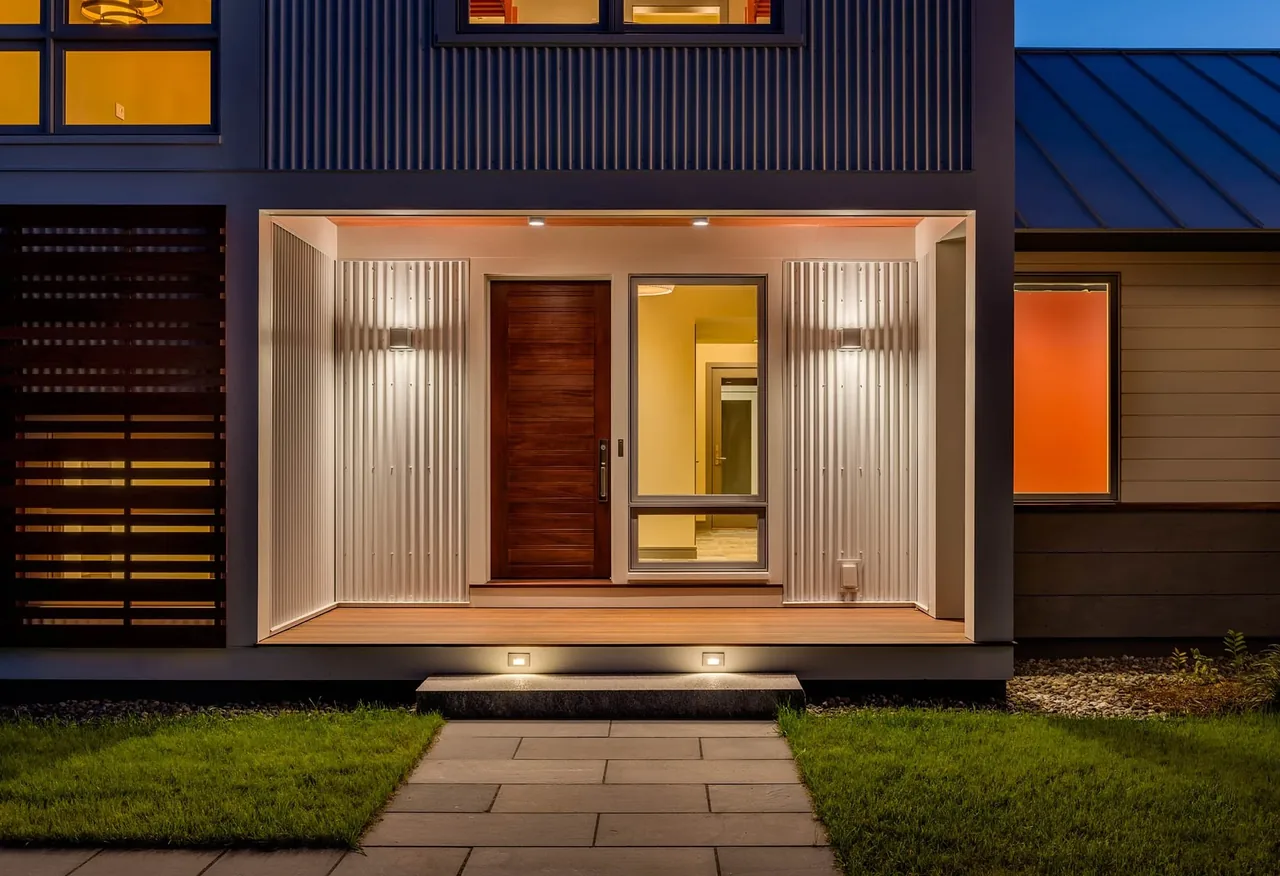 Front porch of Meadow Retreat with warm lighting highlights wood door and vertical white metal slats around door and window.