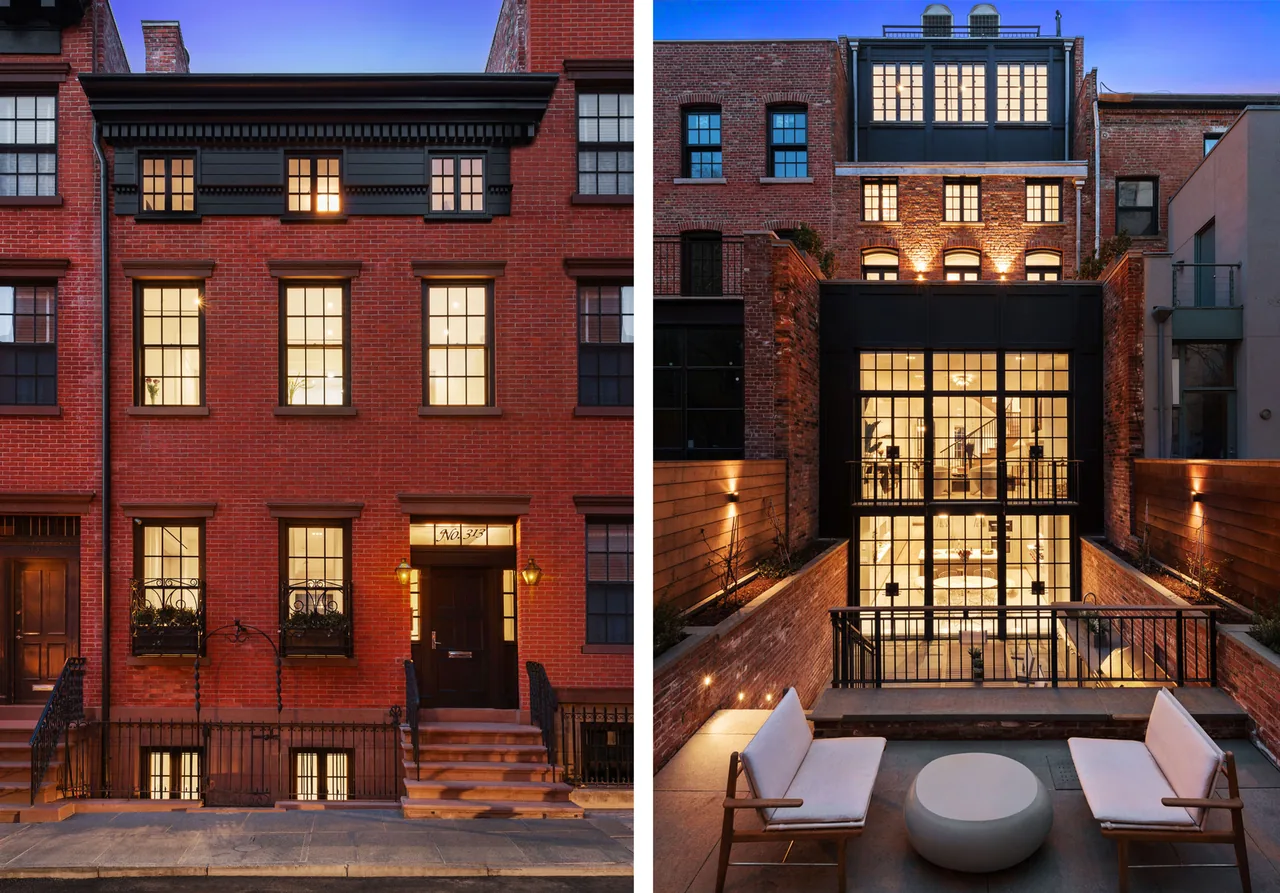 West Village Townhouse with traditional brick facade and modern rear addition featuring floor-to-ceiling glazing and outdoor living space.