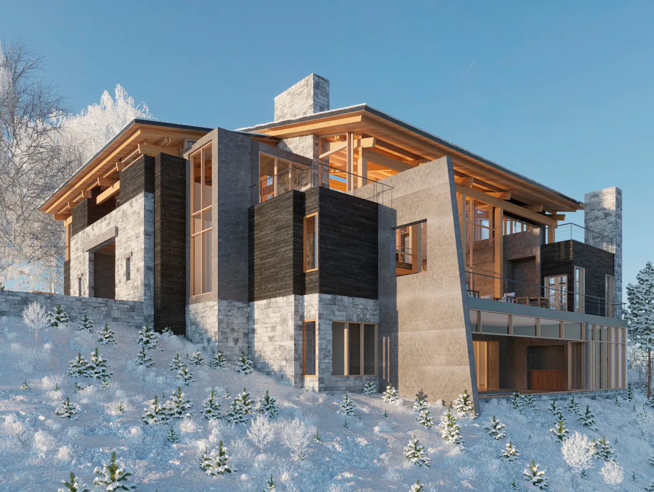 Modern house 'Mayfly' features stone, wood, and large windows, designed by Studio One Architeture.