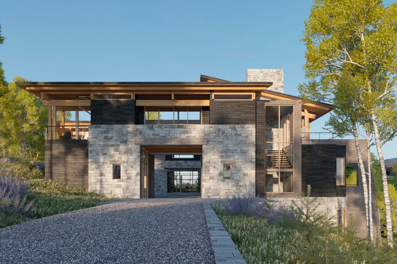 Exterior front view of the multi-level Mayfly house featuring stone and wood siding and large windows.