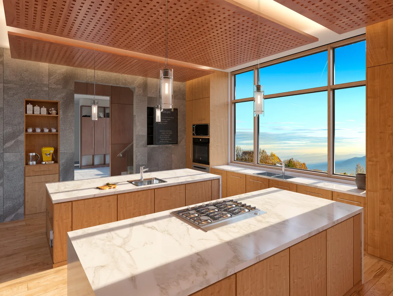 Modern kitchen featuring two islands with marble countertops and large windows overlooking mountain scenery.