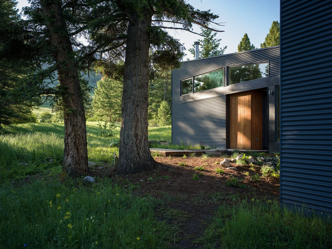 Willow Creek Ranch House features corrugated metal siding and a wooden door nestled in a forest landscape.
