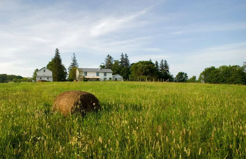 Distant view of a white house and barn set behind a field with a round hay bale in foreground.