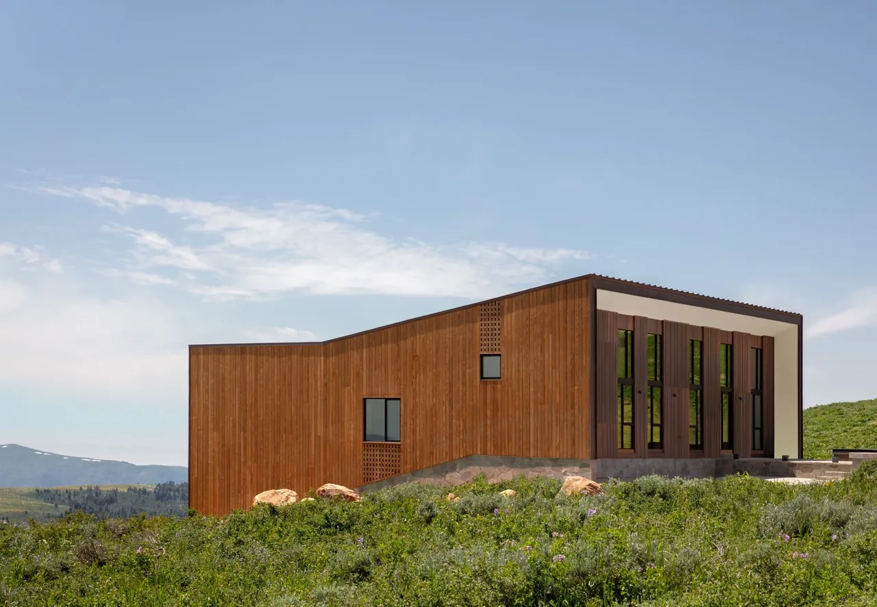Overlook Cabin features vertical natural wood siding with vertically oriented windows and black frames, situated in a green landscape.
