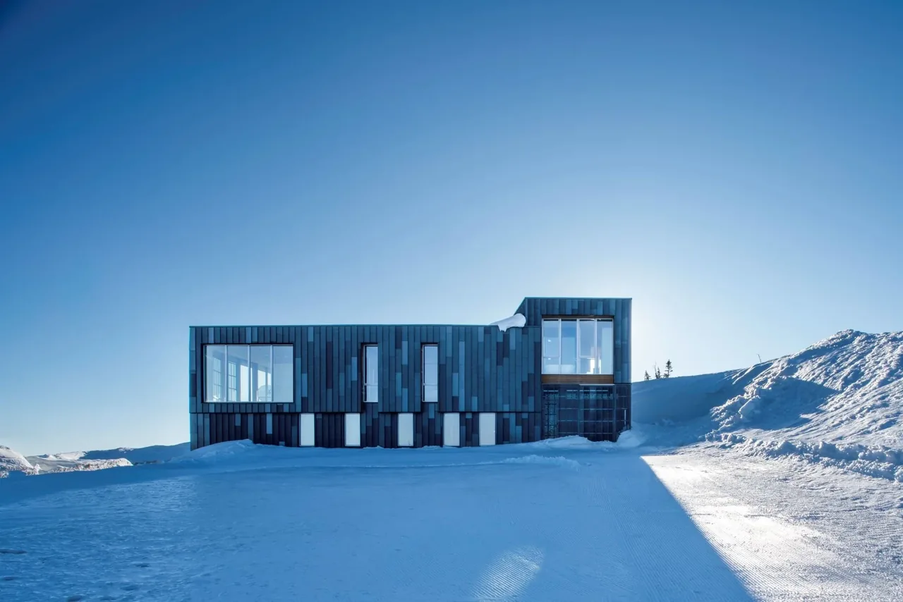 The Kirigami project is a modern house clad in dark metal siding set in an isolated snowy environment.