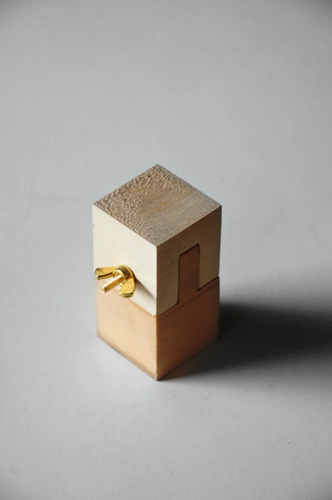 Handheld architectural model from the Wabi-Sabi project showing stacked wooden blocks and a brass screw.