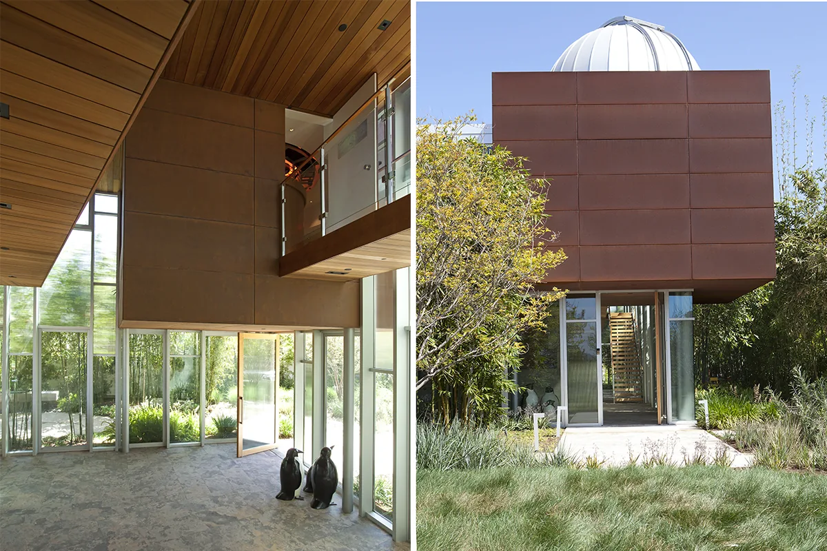 Interior and exterior views of Observatory House featuring a wood ceiling and Corten steel volume with an observatory dome.