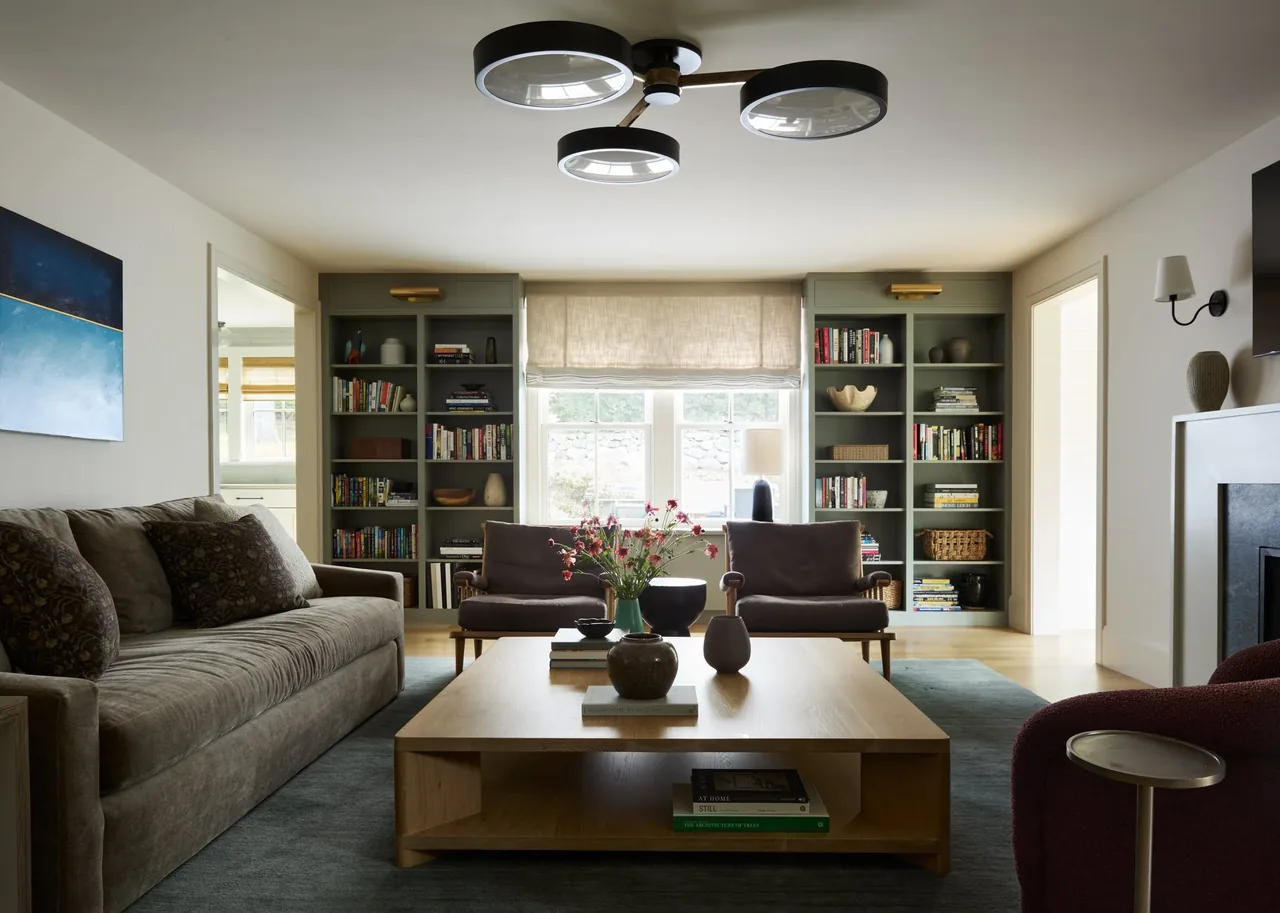 Living room featuring built-in bookshelves, a grey sofa, wooden coffee table, and roman shades on the window.