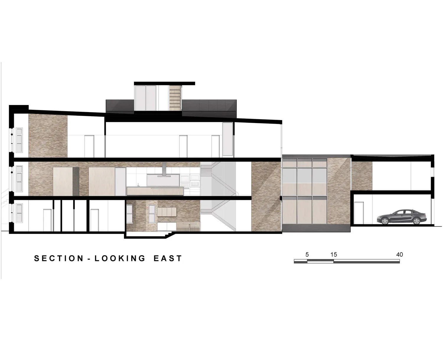 Section drawing looking east of a three-level residence including a garage space.