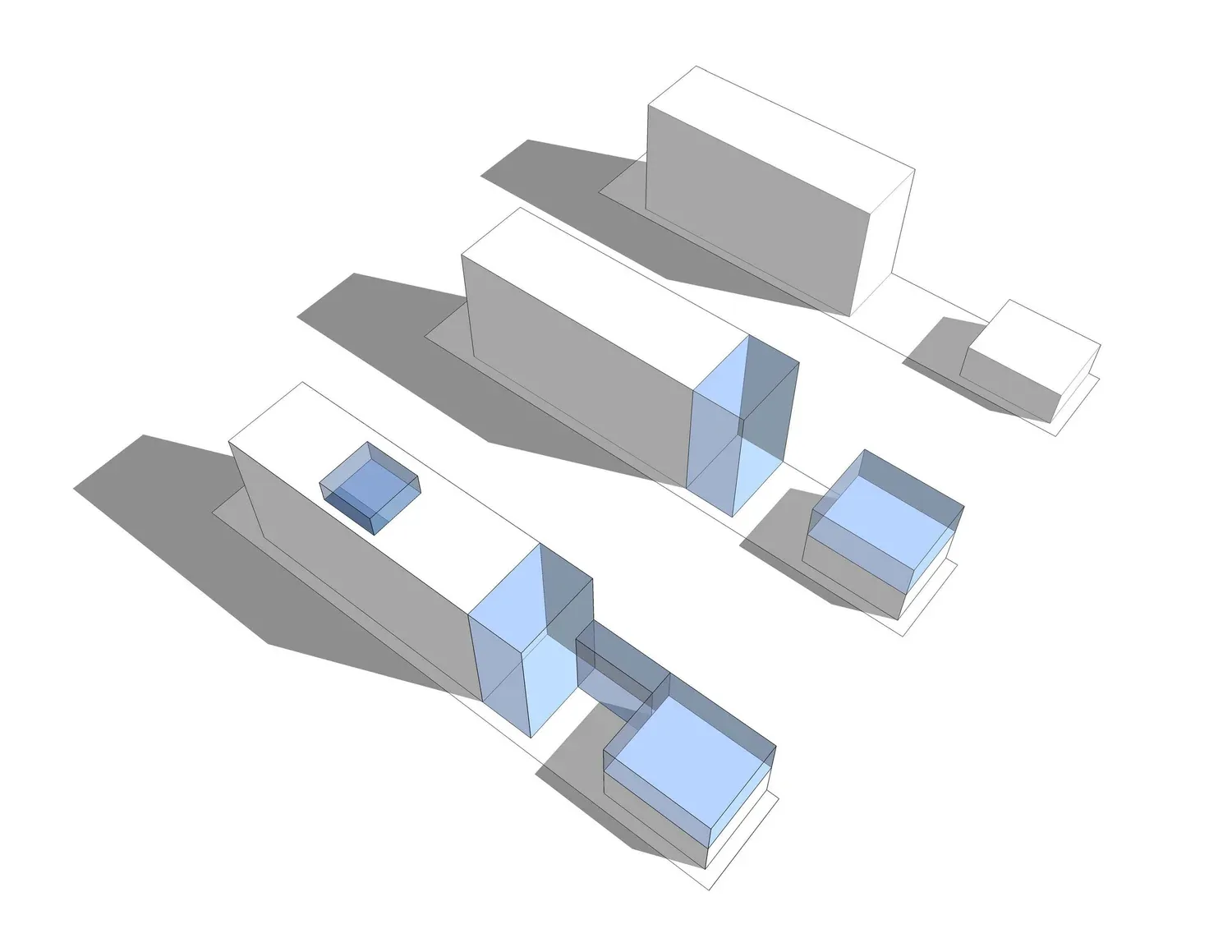 Conceptual massing study with transparent blue volumes illustrating building elements and spatial connections.