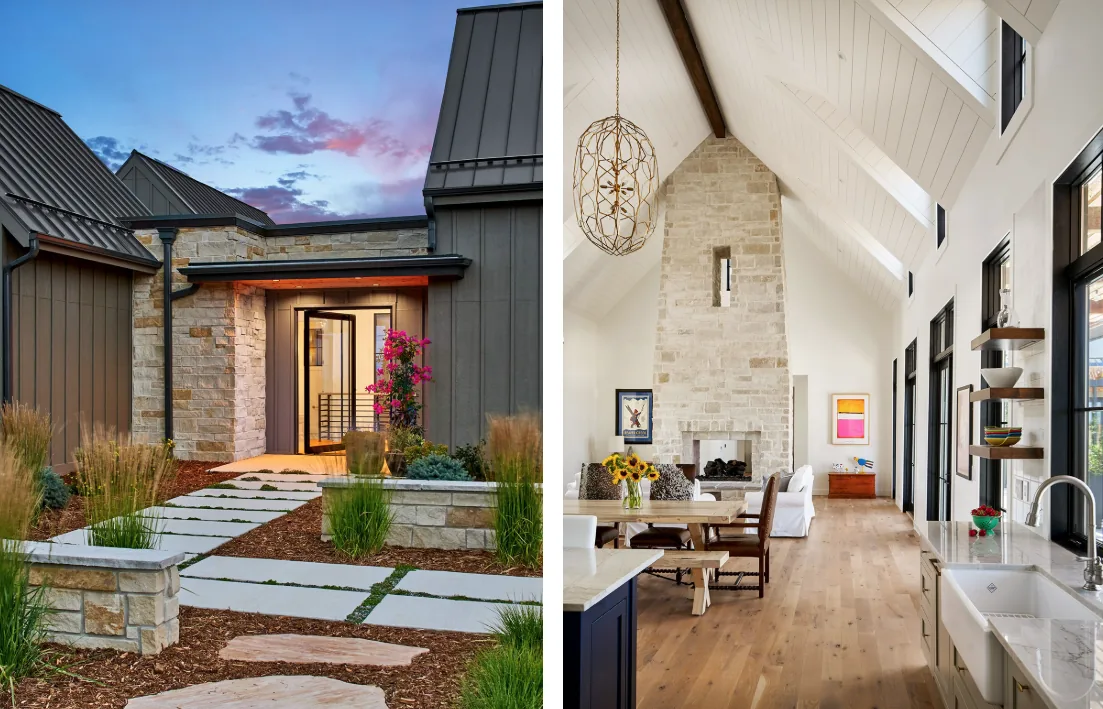 Contemporary farmhouse with stone exterior and vaulted ceiling living room featuring a large stone fireplace and black window frames.
