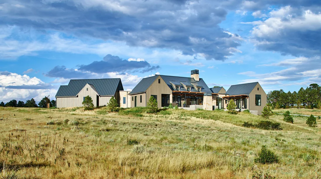 Contemporary farmhouse with multiple dormers, black window frames, and a chimney stack in a natural landscape setting.