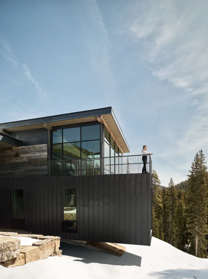 The YELLOWSTONE project features a cantilevered balcony with floor-to-ceiling glazing and wood siding against a snowy forest backdrop.