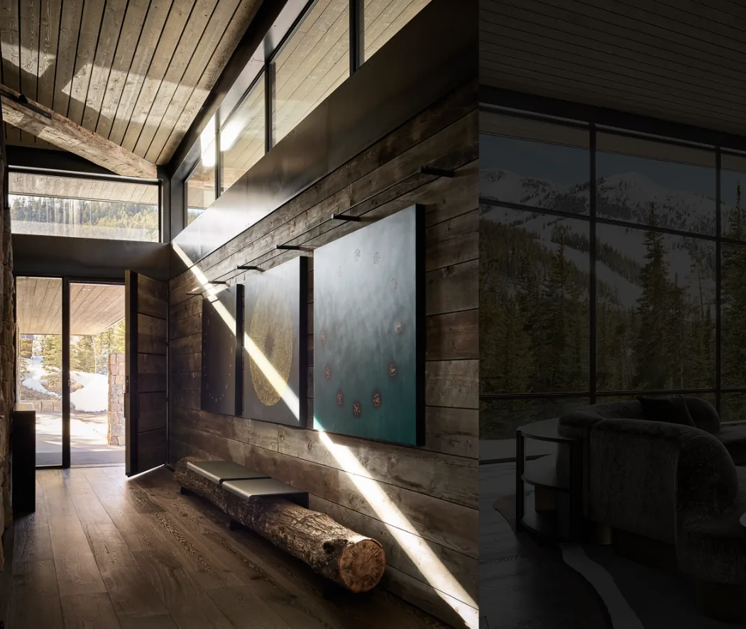 The Yellowstone project features a wood-paneled entry with natural log bench seating and art display under clerestory windows.