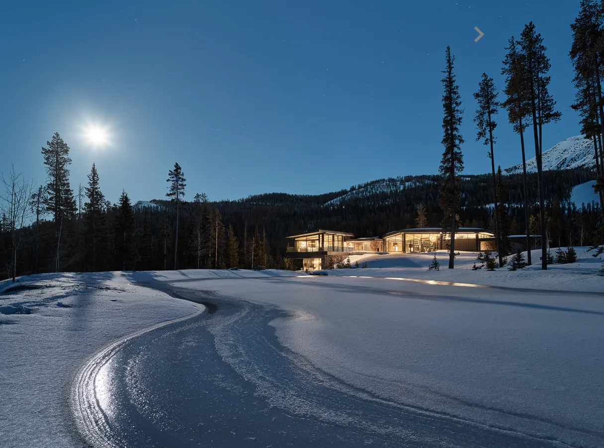 Modern illuminated house at night near a frozen pond with surrounding pine trees and snow-covered mountains in the distance.