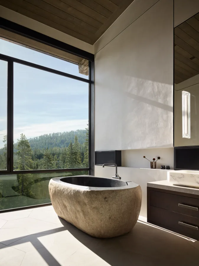 A stone bathtub sits by a floor-to-ceiling window framing a forest view in this bathroom from the Yellowstone project.