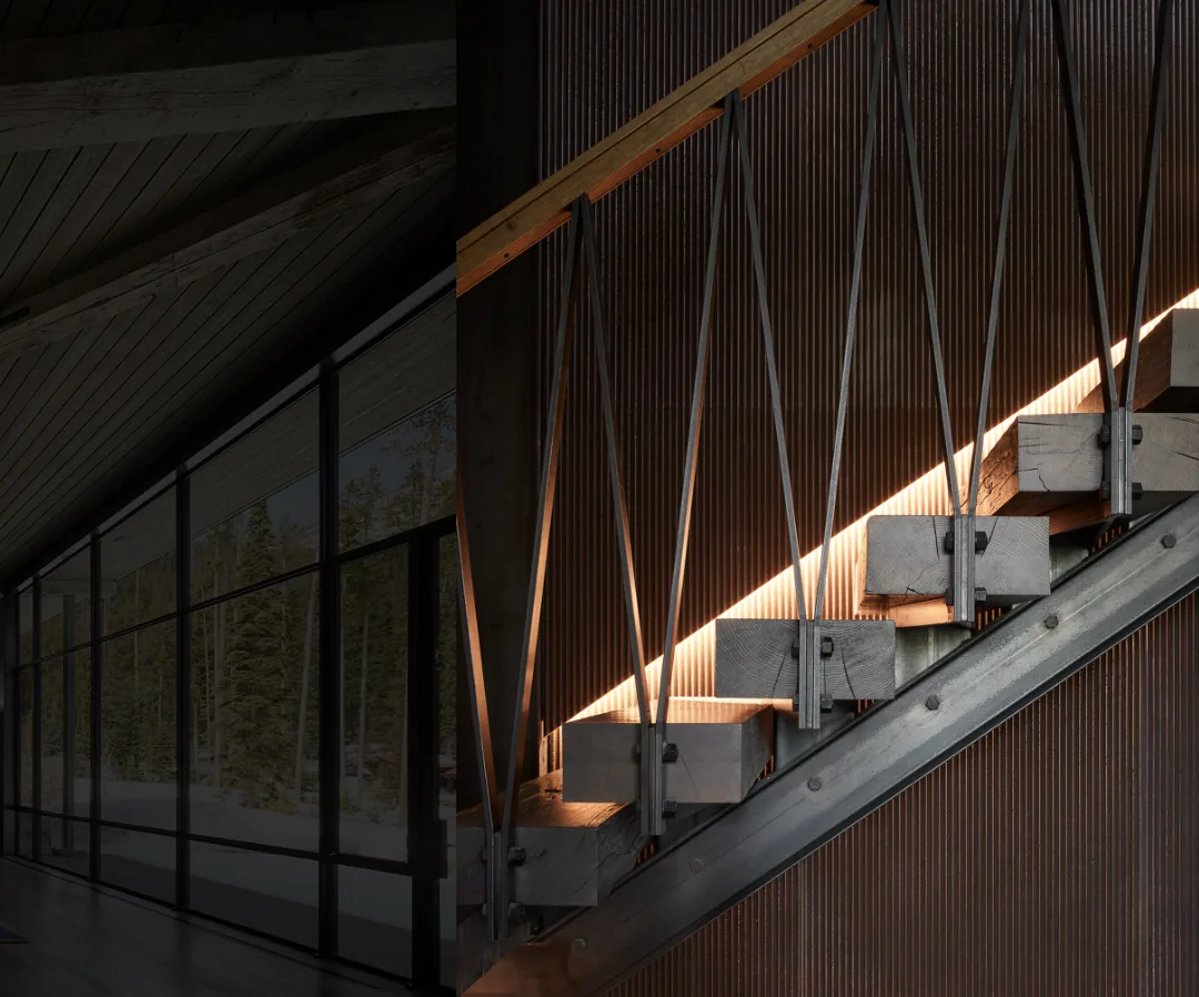 The staircase features wooden treads with a metal railing and backlit wall paneling inside the Yellowstone project.