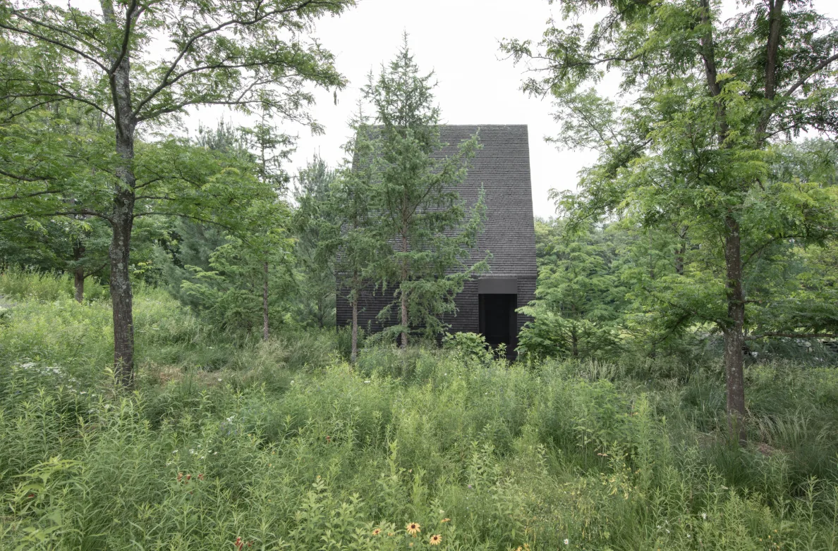 Hudson Valley House II by Thomas Phifer and Partners features a peaked dark wood exterior nestled in dense greenery.