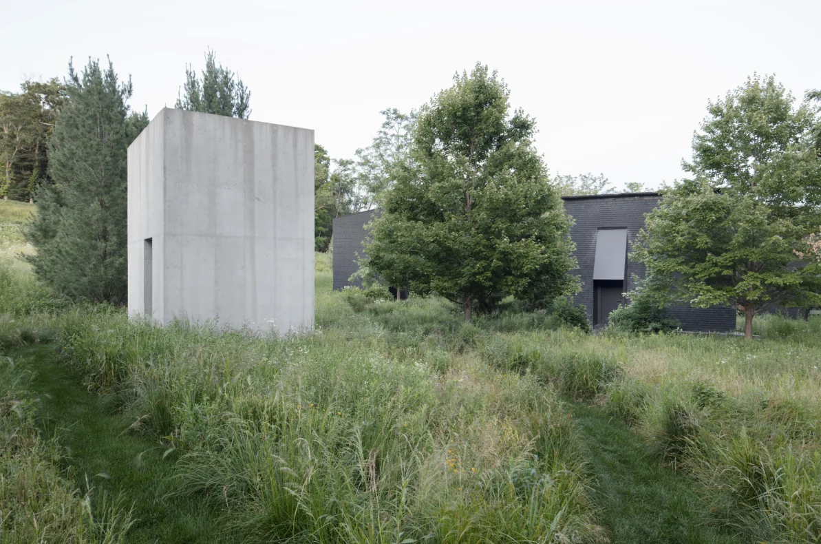 Concrete cubic structure amid wild grass and trees, with a dark building partially visible behind in a natural setting.