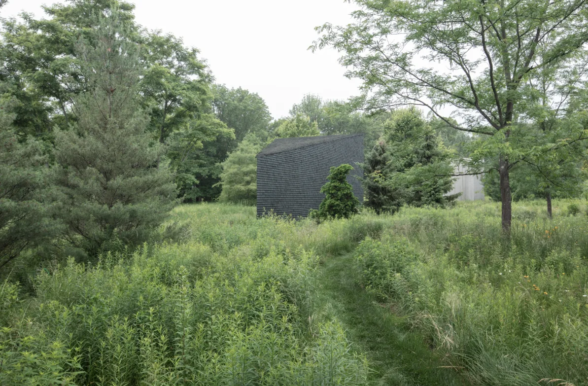 Hudson Valley House II features a dark brick facade with a steep roof set in a lush green landscape with tall grass and trees.