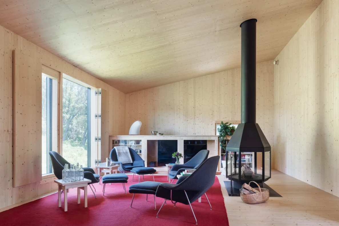 Living room in Hudson Valley House II features wood paneling, a black central fireplace, and modern chairs on a red area rug.