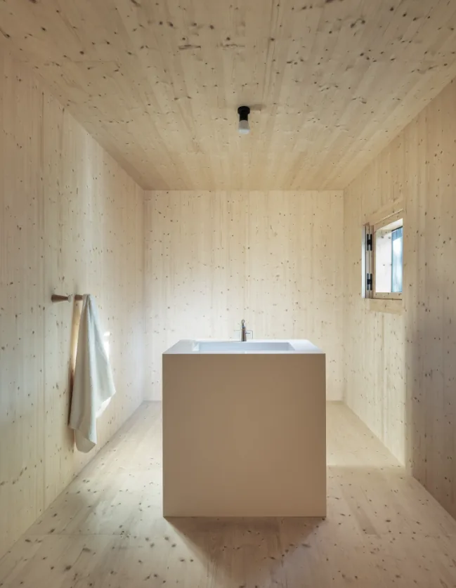 Hudson Valley House II features a minimalist bathroom with wood paneled walls and a central sink island.