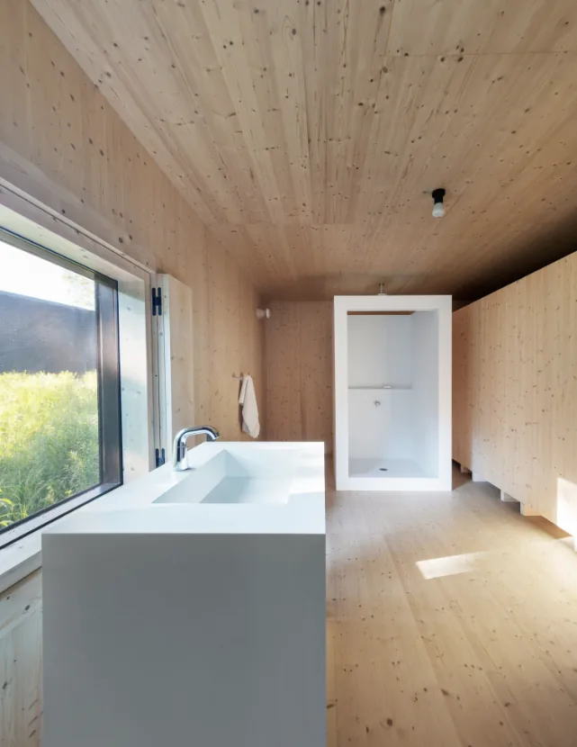 Interior view of a wood-paneled bathroom featuring a modern white sink and enclosed shower with a large window for natural light.