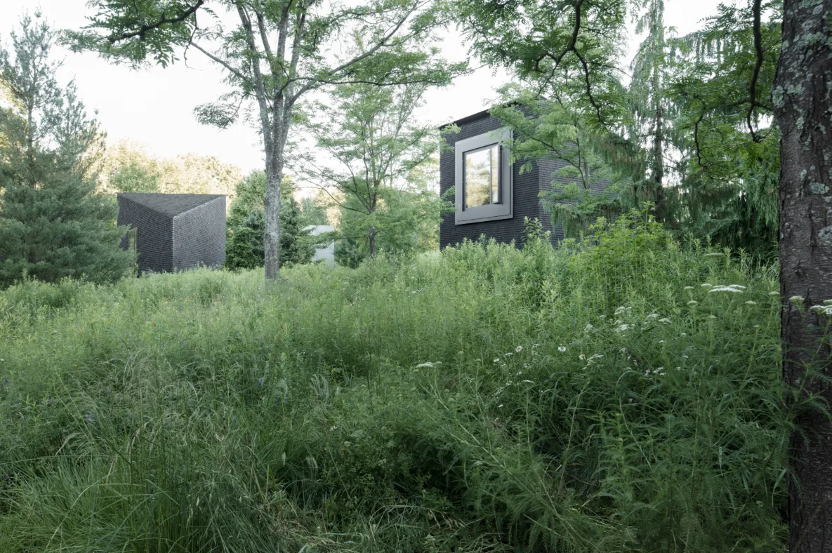 Hudson Valley House II features dark brick facade buildings amid lush greenery in New York.