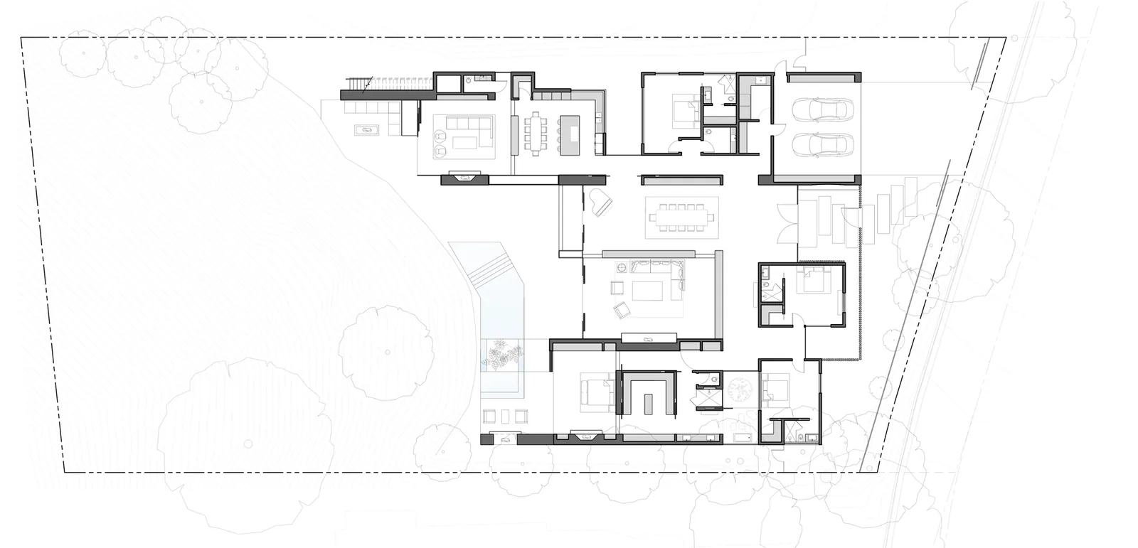 Floor plan of the Carla Ridge House by Montalba Architects, Inc, showing room layout and outdoor areas.