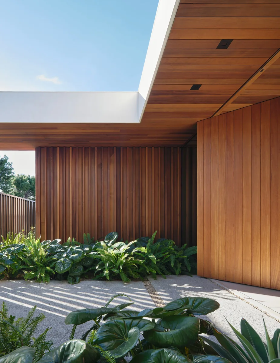The Carla Ridge House features a courtyard with a wood-paneled ceiling and vertical wood siding, designed by Montalba Architects.