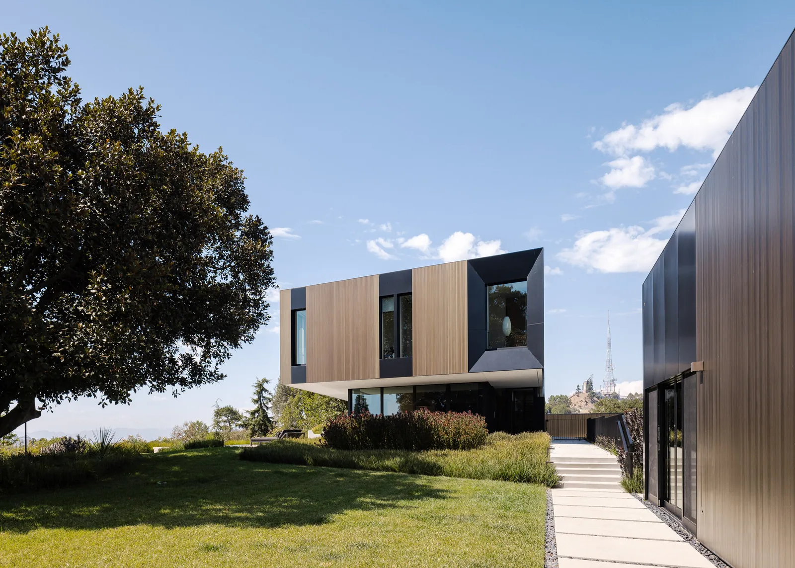 Bronze and Black House features vertical wood panels and black metal cladding with landscaped surroundings.