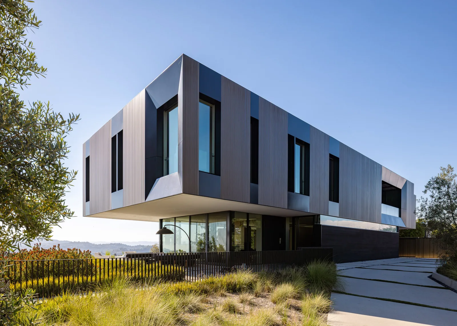 Bronze and Black House features vertical wood panels and black cladding with large windows and landscaped garden.