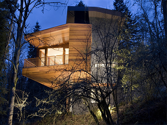 Cantilevered wooden residence illuminated at dusk amidst trees and forested slope.