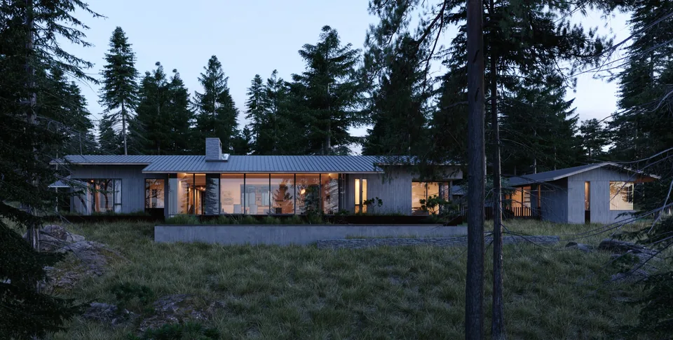 Modern single-story house with large floor-to-ceiling windows and metal roof surrounded by tall trees at dusk.