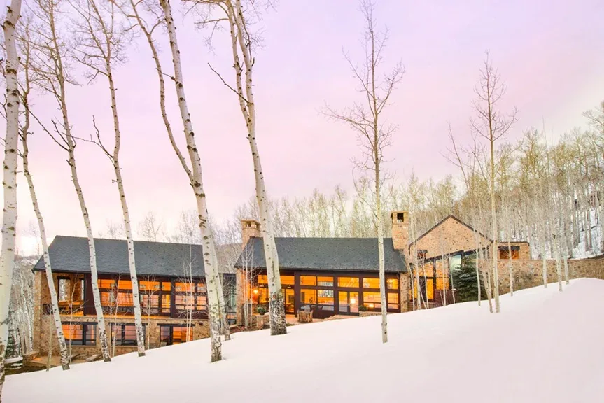 Snow-covered forest hillside with a modern house featuring large windows and multiple chimneys.