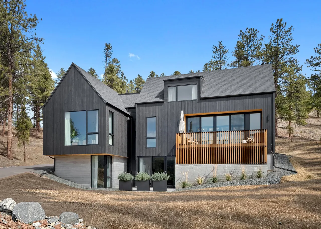 Exterior view of a modern two-story house with dark vertical wood siding and large windows set in a wooded landscape.