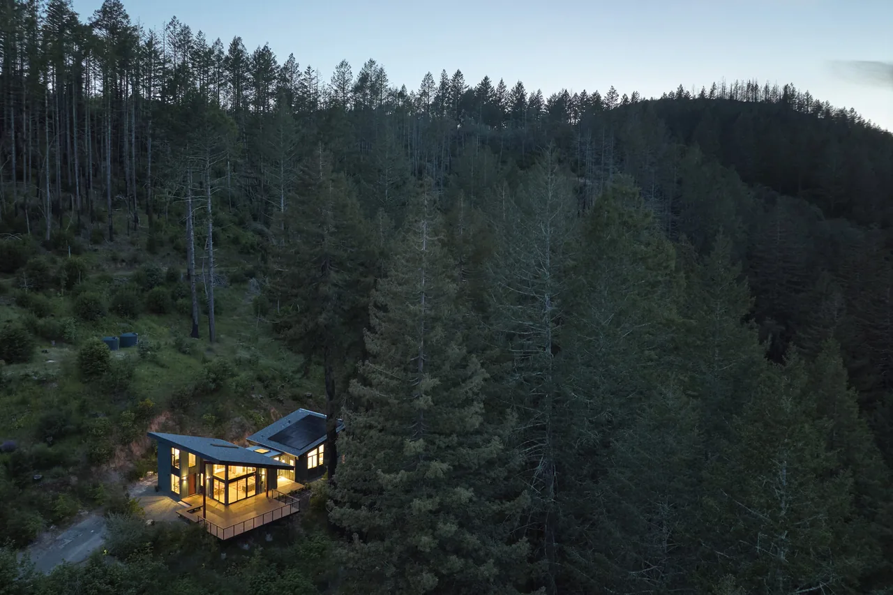 A modern two-story house with flat roof and floor-to-ceiling windows illuminated at dusk, situated in a dense wooded hillside setting.