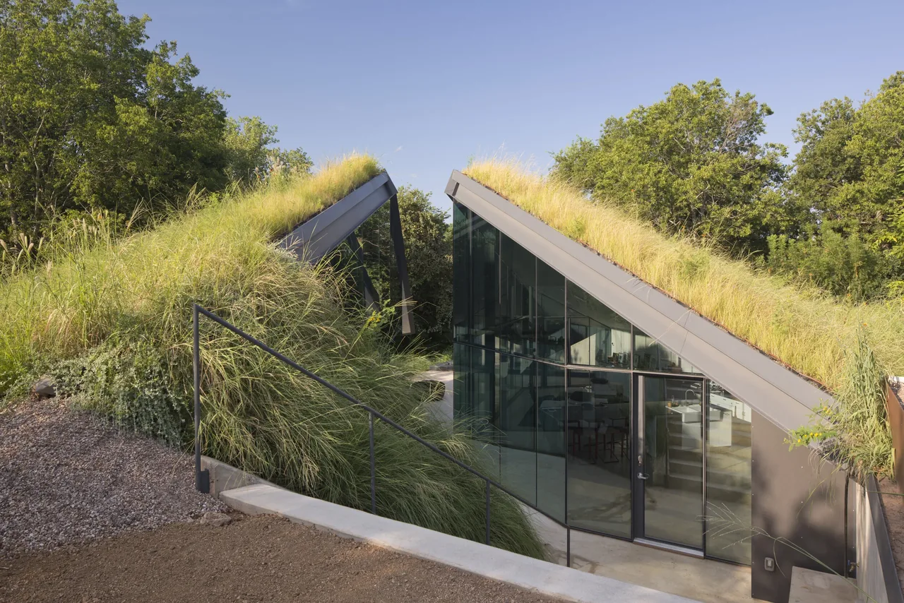 Exterior view of a house with sloped green roofs covered in grass and large glass walls.