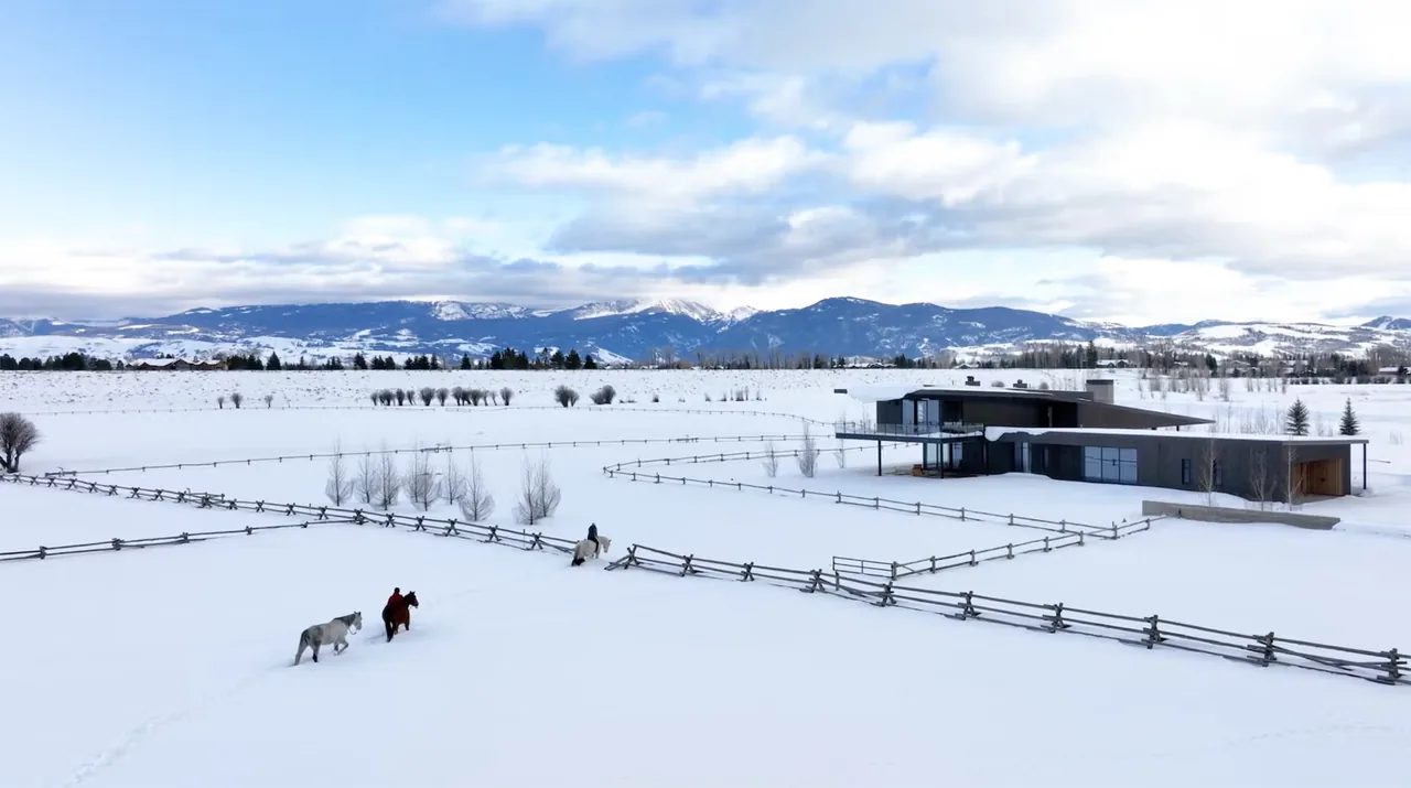 Modern ranch house with flat roofs surrounded by snowy fields and mountains under a partly cloudy sky.