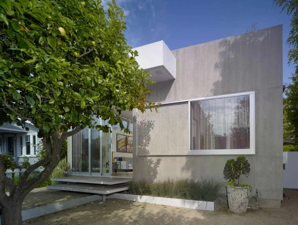Exterior view of a modern small house with textured concrete walls, a large window, and a tree in the foreground.