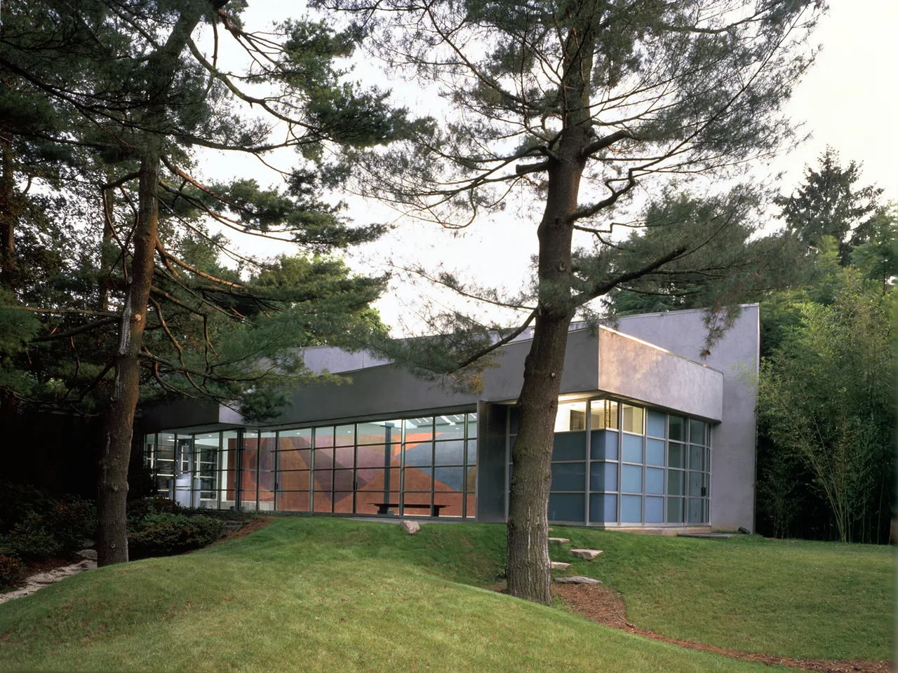 Modern pool house with large grid of windows and light gray stucco exterior surrounded by trees and grass.